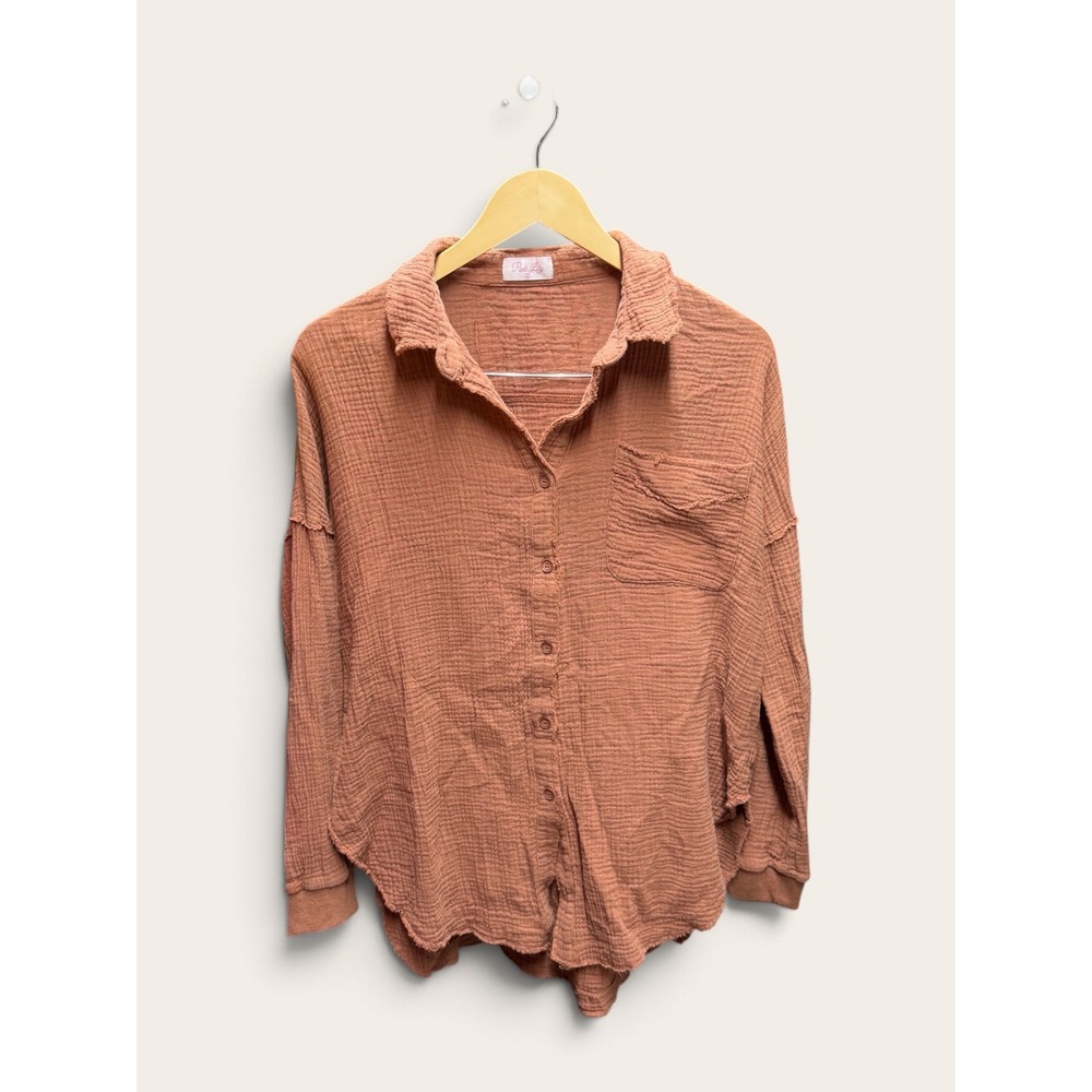 Pink Lily Womens Small Oversized Gauze Button Down Shirt Rust High Low PLD223S